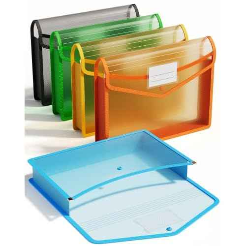 ThinkTex Plastic Expanding File Folder, Transparent envelopes with Snap Closure, No Dividers, Large Capacity, Assorted Colors, Fit Letter/A4 Size - 5 Packs