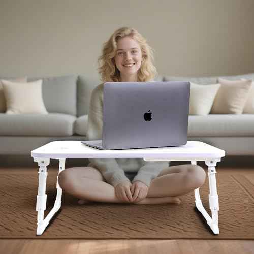 Laptop Desk for Bed, Height Adjustable Laptop Bed Table, Foldable Portable Lap Desk Stand with USB/Storage Drawer/Cup Holder/Slot, Breakfast Tray for Working Reading Writing Eating, White