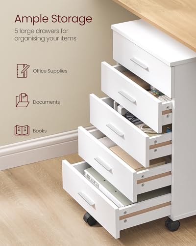 VASAGLE White 5-Drawer Mobile Pedestal Filing Cabinet with Lockable Casters