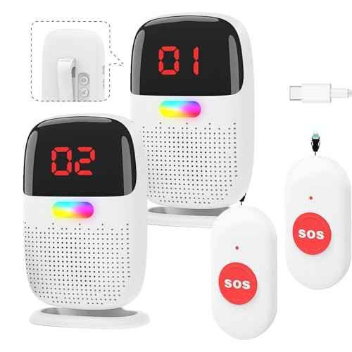 Caregiver Pager System with Digital Display for Elderly Assistance, Fall Prevention, and Nurse Calling£¬Wearable Wireless Pager for Patient Help at Home (2 Call Buttons + 2 Receivers)