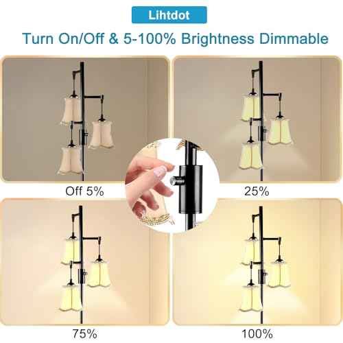 Lightdot 66IN Dimmable Floor Lamp for Living Room, Industrial 3-Light Tree Floor Lamps with LED E26 Bulbs Included, Mid Century Floor Lamp with Fabric Flower Lampshades for Bedroom HOM Office-Black