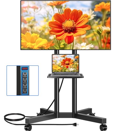 Rfiver Mobile TV Cart with 4-Outlet Power Socket, 32-75 Inch TV Stand (Black, 23-75")
