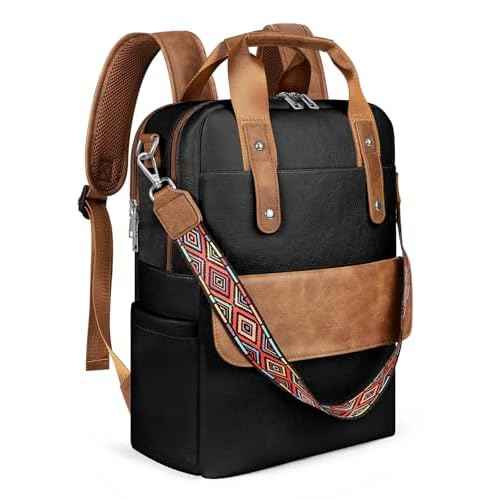 Leather Laptop Backpack 15.6 Inch Womens Laptop Bag, 3 IN 1 Computer Bag Handbag with Colorful Shoulder Bag Strap for Work Travel College Black Brown