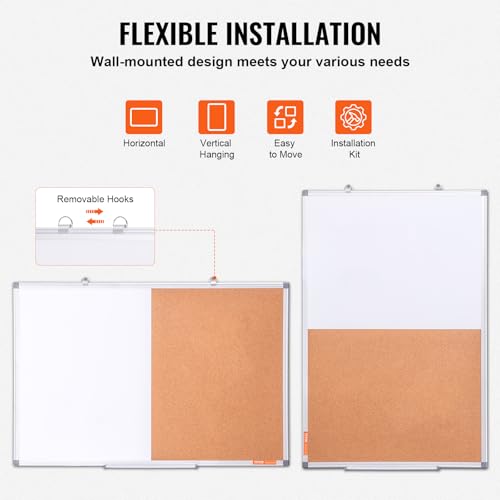 VEVOR 36"x 24" Whiteboard & Cork Board Combo with Aluminum Frame ? 2-in-1 Magnetic Dry Erase Bulletin Board for Wall Mount ? Ideal for School, Home, Office