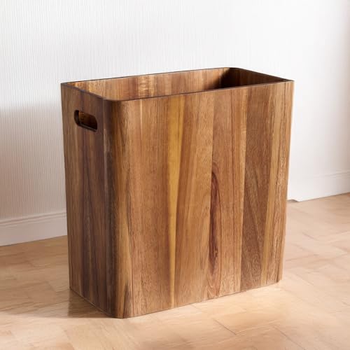 3 Gallons Wooden Wastebaskets, Solid Acacia Wood Waste Basket with Handles, Rectangular Trash Can, Garbage Bin for Bedroom, Bathroom, Kitchen, Living Room, Office Decorative