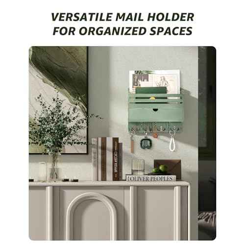 Rebee Vision Pine Wood Mail and Key Organizer for Wall ? Farmhouse Mail Organizer Wall Mounted with 7 Sturdy Hooks & Drawer Storage ? Apartment Essentials for Stylish Home Decor (Green)