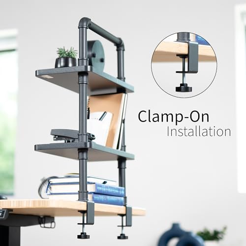 VIVO Clamp-on Premium 16 inch Industrial Pipe 2-Tier Tabletop Shelving, Heavy Duty Desk Extension Organizer, Modern Desktop Display Shelf, Black Shelves, DESK-SHELF16-2B