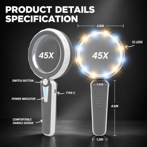 Huiboer 45X Magnifying Glass with Light - Elegant Grey Rechargeable Handheld Magnifier for Reading & Crafts