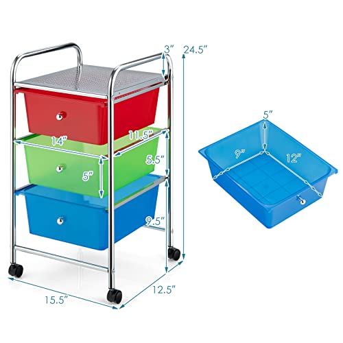 Julimoon 3 Drawer Rolling Storage Cart, Multipurpose Storage Organizer Cart with Wheels, Mobile Utility Cart for Garage Office Home Kitchen Tools (Rainbow)