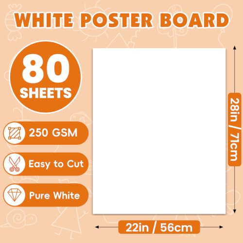 NUITPY 22''x28'' Poster Board Bulk Pack 80 Sheets 250GSM White Double-Sided