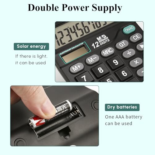 M&G Basic 12 Digit Desk Calculator with Large LCD Display, Dual Solar Power & Battery, Recessed Big Buttons for Office & Home