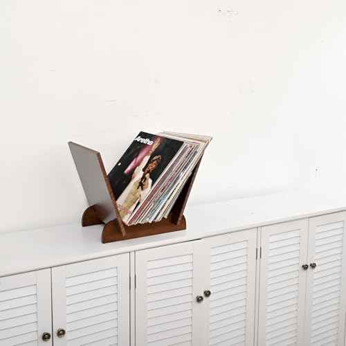 SwallovLiving Wooden Vinyl Record Holder, Flip Display Vinyl Record Storage Stand, Wood Tabletop Recorderholder Elegant Design for 40 Music Albums