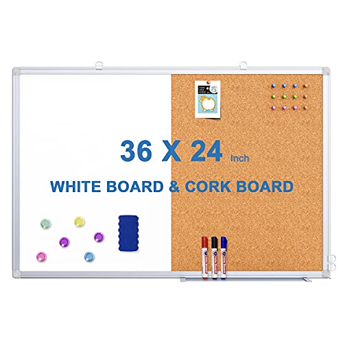 White / 36x24 Inch Magnetic Whiteboard and Cork Board Combo with Aluminum Frame