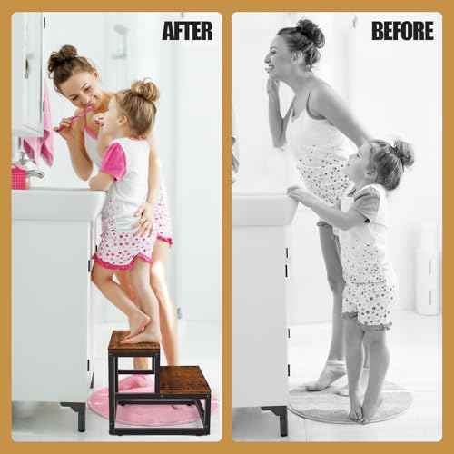 Wood and Metal 2 Step Stool for Adults & Kids ? Heavy Duty Rustic Step Stools, 500 Lbs Capacity Non-Slip Stepping Stool for High Beds, Kitchen, Bathroom, Closet, Durable Foot Stool for Home Use