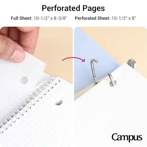 KOKUYO Spiral Notebook with 5x5 Graph Paper, 3 Pack Campus 10-1/2" x 8" Subject Notebooks, 80 Sheets, Light Pink Blue Off-White 3 Holes School Spiral Journal for Study Planner Drawing (WSG-SU-400G4¡¿3)