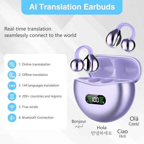 AI Translation Earbuds Real Time, 3-in-1 Language Translator Earbuds with 144 Languages/4 Translation Modes, 32H Audifonos Traductores Ingl?s Espa?ol, No Subscription Free (Purple)