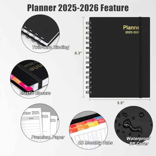 Daily Planner 2025-2026, 18 Month Planner with Tabs, July 2025 - December 2026 Weekly and Monthly Academic Year Calendar Spiral Time Management, 100GSM Thick Paper, Twin-Wire Binding, A5 Size, Black