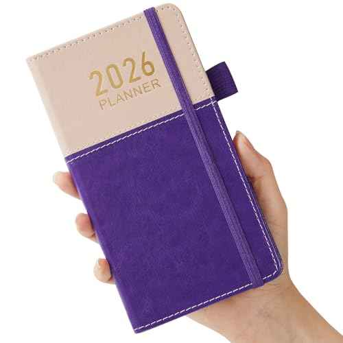 2026 Planner Pocket Size for Purse, Jan.2026 - Dec.2026 Small Daily Weekly Monthly Planner/Calendar with PU Leather, Elastic Band, A6 Mini Calendar Book for School/Office/Home, 3.8" x 7"