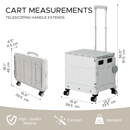 Elly Utility Cart Foldable with 4 Smooth-Rotate Wheels, Telescopic Handle & Snap-Closure Lid, Heavy-Duty Design for Daily Carrying Needs, Rolling Crate Perfect for Shopping, Office, Travel and Storage