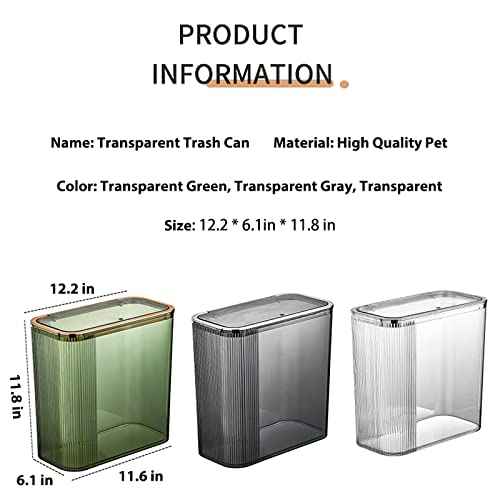 Transparent Trash can Wastebasket, Bathroom Trash Can with Lid, 3.5 Gallon Kithen Garbage Can for Bathroom, Bedroom, Kitchen, Office, Craft Room (Transparently Green Without Cover)