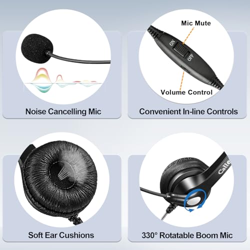 Callez RJ9 Telephone Headset Dual for Polycom Phone with Noise Cancelling Mic & Corded Office Phone Headset Compatible with Polycom Avaya Plantronics Mitel ShoreTel Digium Nortel Landline Phones