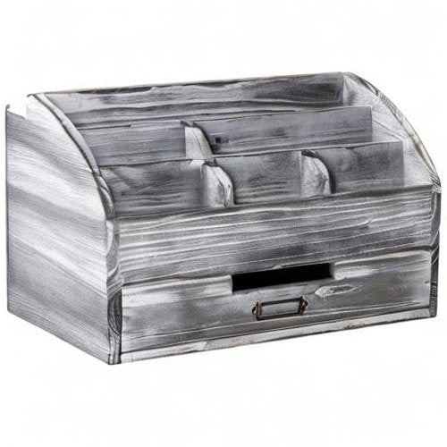VERGOODR Rustic Wooden Office Desk Organizer 5 Compartment with 2 Drawer &Counter Home Tabletop Desktop Jewelry Mail Rack Storage Box for Pens Notebooks Folders Pencils (Grey white)