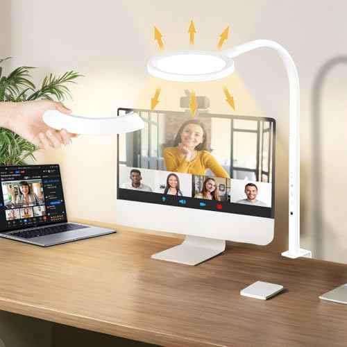 30" LED Desk Lamp with clamp,8.4" Ring Lights Natural Light Protects Eyes Dimmable Office Lamp with 25 Lighting&1500lum, Night Light and Memory Function,Monitor,Study,Work,Nail | White