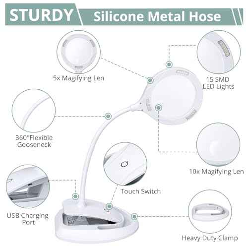 COLFULINE 2-in-1 Rechargeable Magnifying Lamp 5X-10X with LED Light & Touch Button, Magnifying Glass with 3 Adjustable Brightness, Base and Clamp for Reading, Crafts, and Work