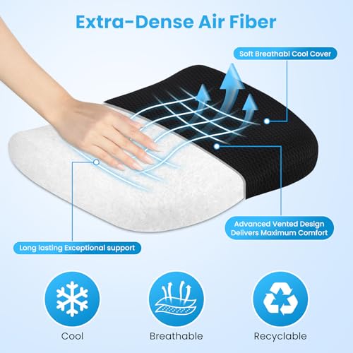 AIHOMED Office Chair Cushion - Breathable Pressure Relief Seat Cushion with Hours Sitting on Gaming/Car/Wheelchair, Extra-Dense Air Fiber for Orthopedic Coccyx, Sciatica & Hip Support (Black)