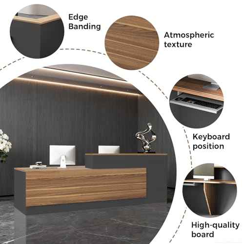 Modern L-Shaped Reception Desk with Hutch, Reception Counter Table, Lockable Drawer Door Cabinet, Office Wooden Computer Front Desk (European Oak+lron Gray-Right Cabinet, 71"L*24"W*41"H)