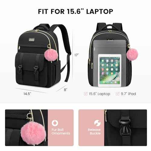 LOVEVOOK School Backpack for Teen Girls, Student Backpack Purse for 14-16 Teenage, Cute Kid Bookbag, Back to School Backpacks Fit 15.6 Inch Laptop, Large College Travel Bag, Black