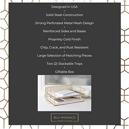 BLU MONACO Gold Mesh Paper Tray ? Set of 2 Stackable Letter Trays ? Durable Metal Desk Organizer for Home, Office & School ? Stylish Document Holder, File Storage, and Workspace Organizer