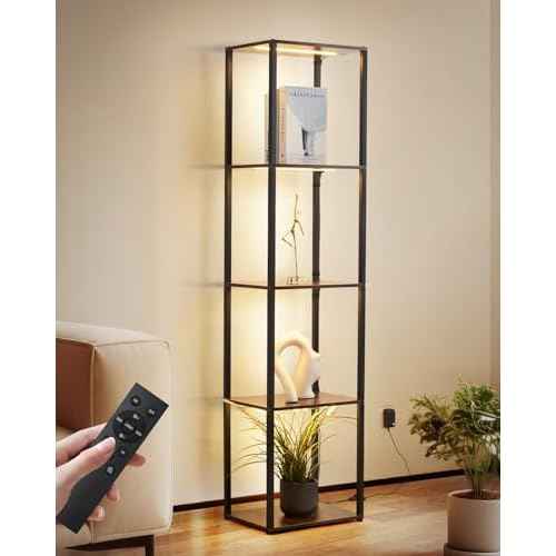 Display Shelf with Lights, 3 Color Temperature & Brightness Curio Collectible Floor Lamp with Shelves, Sturdy Metal Display Cabinet for Living Room, Bedroom, Office Decor Rustic Brown