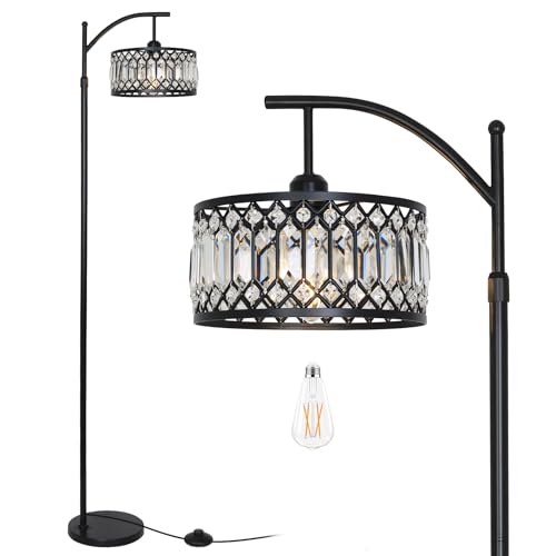 Crystal Floor Lamps for Living Room, Modern Arc Floor Lamp, Black Standing Lamp with Edison Bulb, Height Adjustable Tall Lamp for Bedroom, Corner Stand Up Lamp for Office, Arched Reading Light