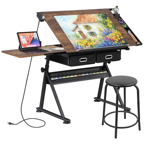 ZENY Retro Drafting Table with Outlet & Stool - Adjustable Artist Desk