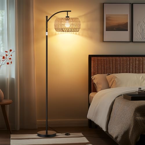 ROTTOGOON Rattan Floor Lamps for Living Room, Boho Standing Lamps with Rattan Shades, Arc Lamps Floor Standing with 9W Bulb, Foot Switch, Bohemian Floor Lamps for Bedroom, Office- Black
