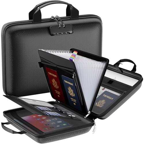 Fireproof File Organizer with Lock, Hard-Shell Case Fireproof Document Box with 13 Pockets Accordion File Folder, Important Document Organizer for Letter A4 Files Laptop Passports (Black)