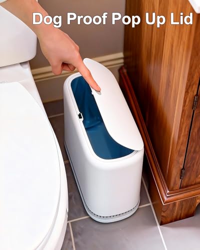Slim White Bathroom Trash Can with Lid & Air-Press Bag Expander, Pet-Proof, Narrow Space Waste Bin