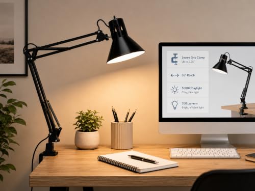 Bostitch 36-Inch Reach LED Swing Arm Desk Lamp with Clamp Mount, Black