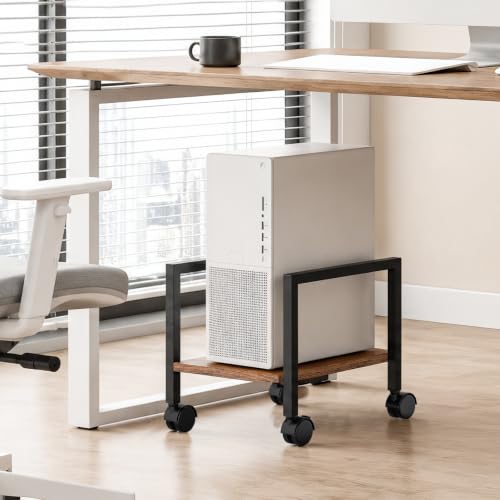 HOOBRO Rustic Brown + Black Computer Tower Stand Under Desk, Adjustable 6.7-10.8 in, Rolls on Casters