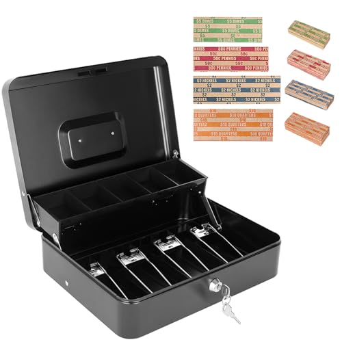 Goehiaul Large Lock Cash Box with Key & Tray (Black) – Includes 100 Coin Wrappers