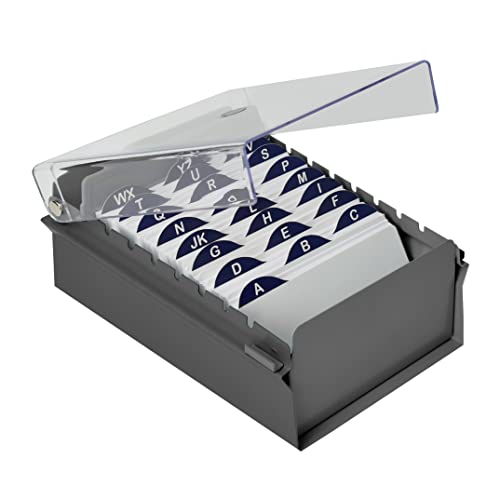Acrimet 3 x 5 Card File Holder Organizer Box Metal Base Heavy Duty (AZ Index Cards and Divider Included) (Gray Color with Clear Crystal Plastic Lid Cover)