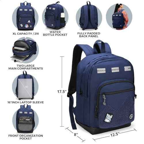 Swissdigital Design Cool Backpack, Stylish School Laptop Backpack with Fun Personalized Patches Fits 16 Inch Notebook, Travel Bag Pefect for Boys & Girls, Dark Blue | BERIKON - Includes 3 Patches