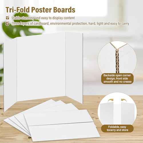 4 Pcs Trifold Poster Board, 26x17 inches White Poster Board Comes with Sticky Accessories, Corrugated Presentation Boards, Display Board for School Projects, Business Presentations
