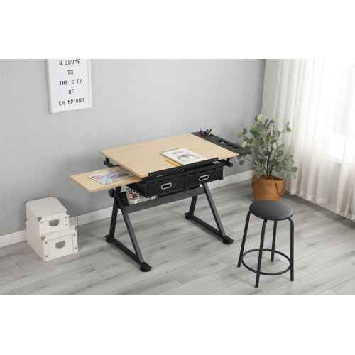 Kelligo Adjustable Drafting Table, Adjustable Drawing Drafting Table Desk with 2 Drawers for Home Office and School with Stool (White Oak)
