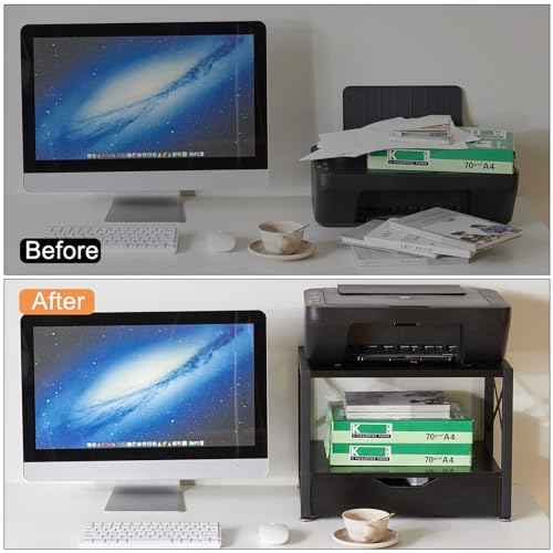 IBUYKE 2 Tier Desktop Printer Stand,Multi-Purpose Desk Organizer,Wooden Printer Stand with Drawer Storage for Folders,Books,for Fax Machine, Scanner,Home Office,Black TLJ006B