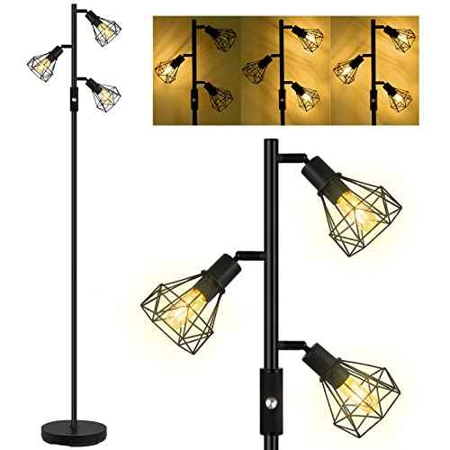 Floor Lamp, Industrial Floor Lamps for Living Room,Tree Standing Lamp Bright with 3 Charm Diamond Head 1200 Lumens Edison Bulbs LED,3 Way Switch,Modern Stand up Lamp for Bedroom Office Farmhouse