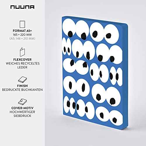 nuuna Notebook A5+ | Graphic L - Eyes On You | 3.5 mm Dot Grid | 256 Numbered Pages | 120 g Premium Paper | Blue Leather | Sustainably Produced in Germany