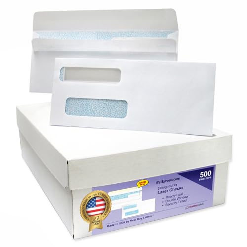 NextDayLabels #9 Double Window Check Envelopes 500 Pack - Made in USA, Self-Seal, Compatible with QuickBooks