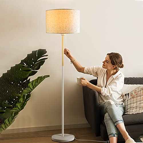 Bedroom Floor Lamp Farmhouse Floor Lamps for Living Room Mid-Century Pole Lamp Linen Lamp Shade, Standing Tall Lamps for Bedrooms and Office (White)